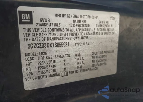 2007 Saturn Vue 4 Cyl z USA, uszkodzony, nr VIN 5GZCZ33DX7S855921